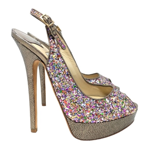 Jimmy Choo Multicolor Glitter Vibe Leather Peep Toe Platform Pumps 37.5 - Picture 2 of 11